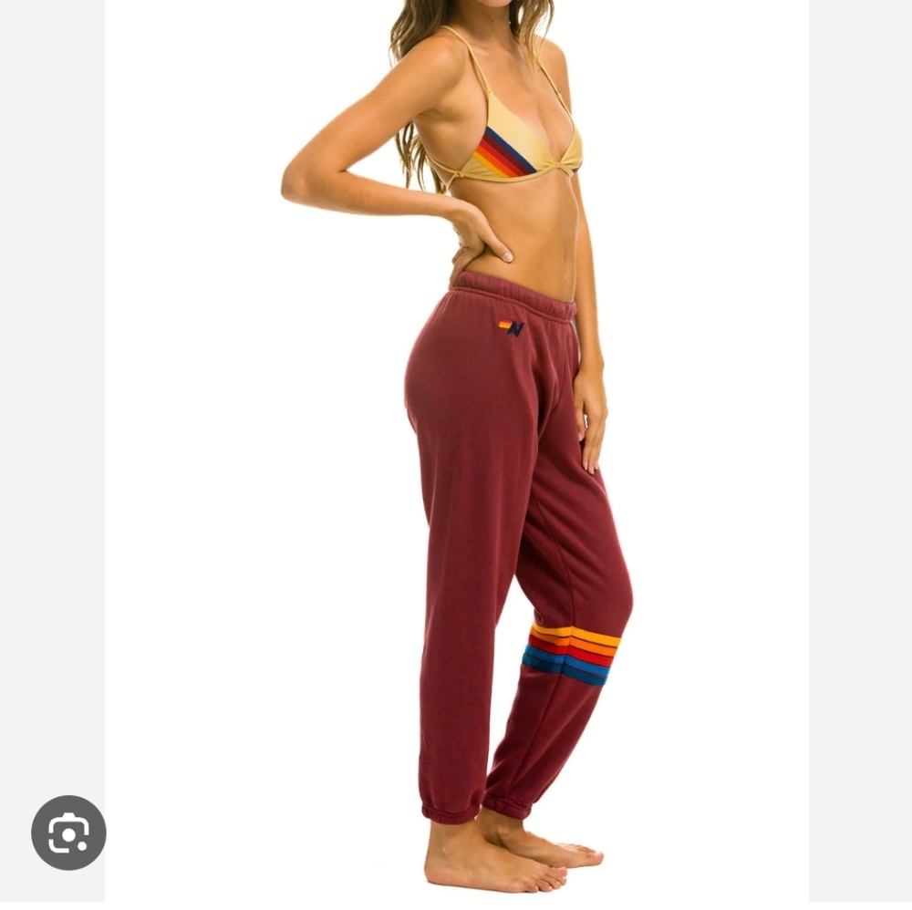 Aviator Nation Burgundy Track Pants with Rainbow Stripes
